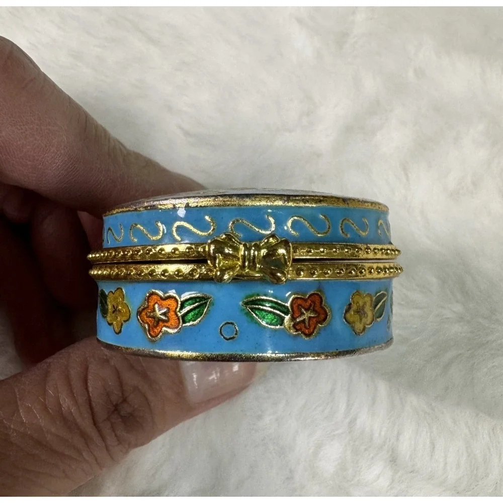 Vintage Butterfly Cloisonne Pill Box Hinged Floral Blue Fairy Cottage